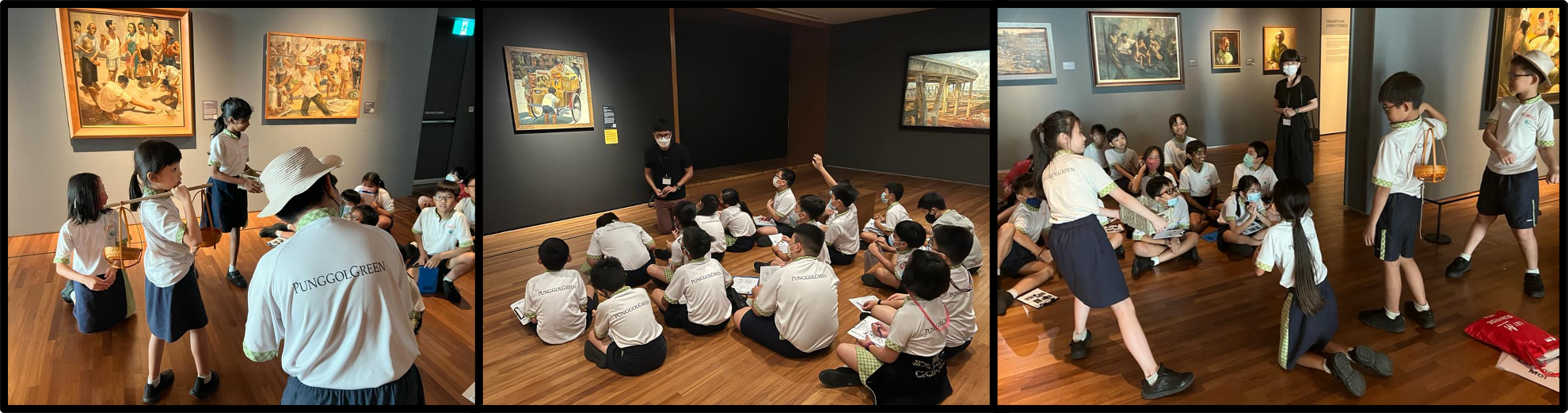 School children in uniforms sit on a museum floor listening to a guide, with paintings displayed on walls behind them.