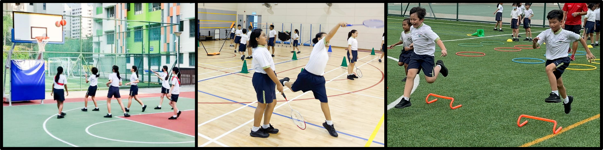 Three panels show school children in uniforms playing basketball, badminton indoors, and doing agility drills outdoors.