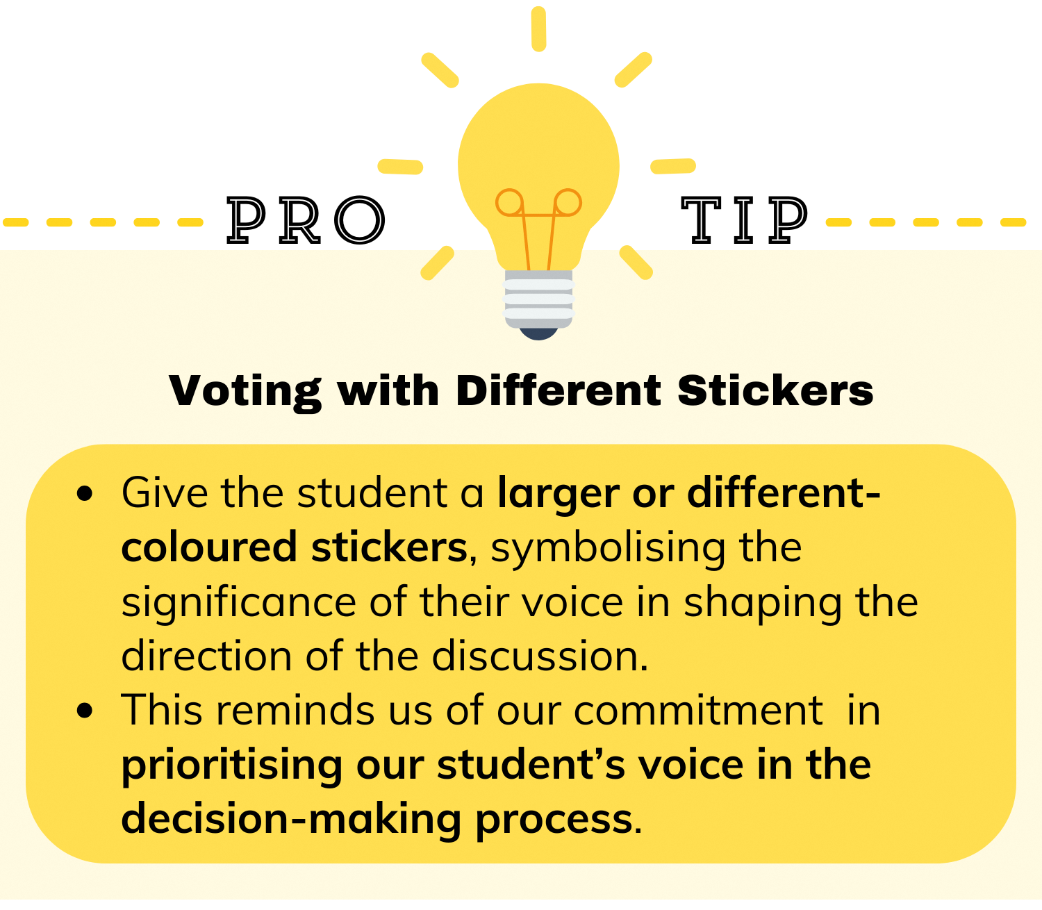 Pro Tip card titled Voting with Different Stickers, with a yellow lightbulb icon and two bullet points on yellow background.