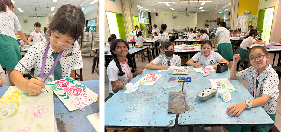 Students in school uniforms painting floral artworks with watercolors in a bright classroom.