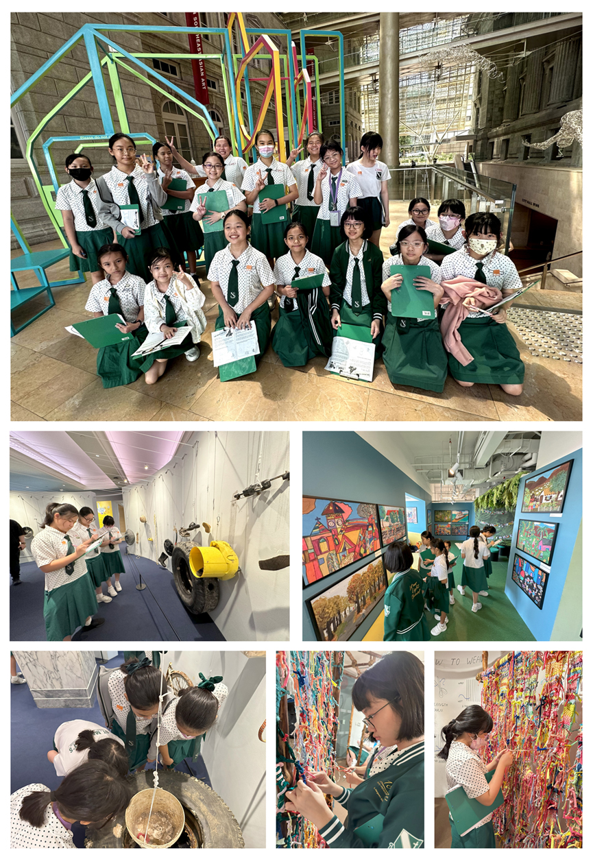 School girls in green uniforms explore a colorful art museum, viewing exhibits and interactive installations across five photos.