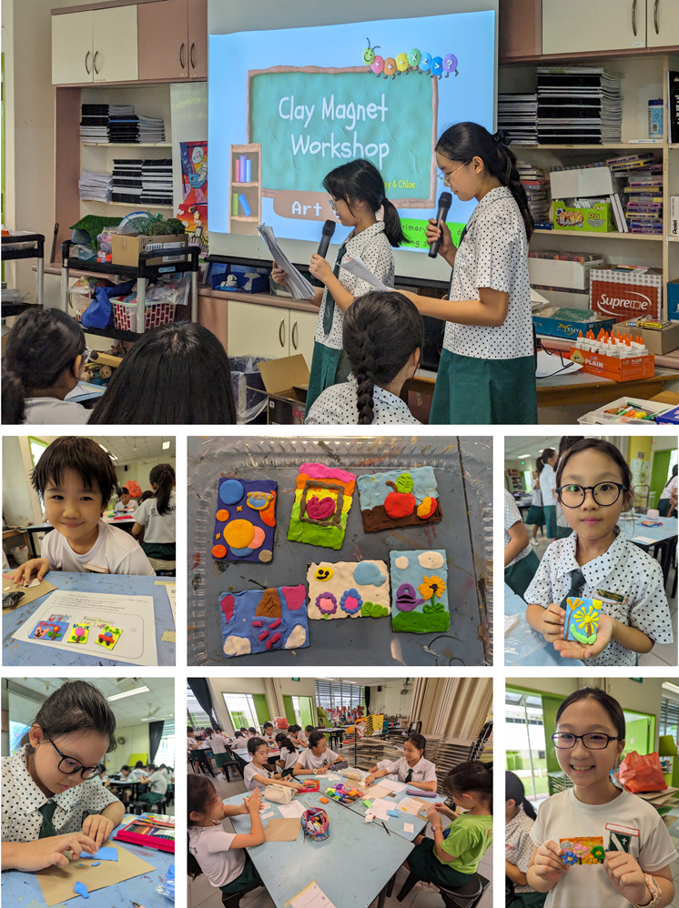 Students participate in a Clay Magnet Workshop, presenting, crafting colorful clay magnets, and displaying finished pieces.