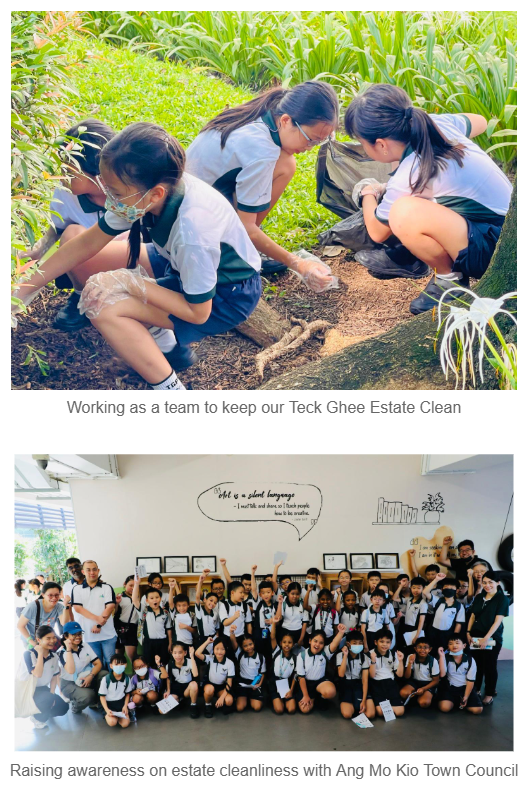 Students in uniforms clean garden soil outdoors; below, a large student group poses indoors for a town council event.