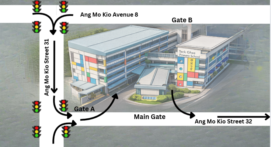 Map of Teck Ghee Primary School showing Gate A, Gate B, Main Gate, and surrounding streets with traffic lights.