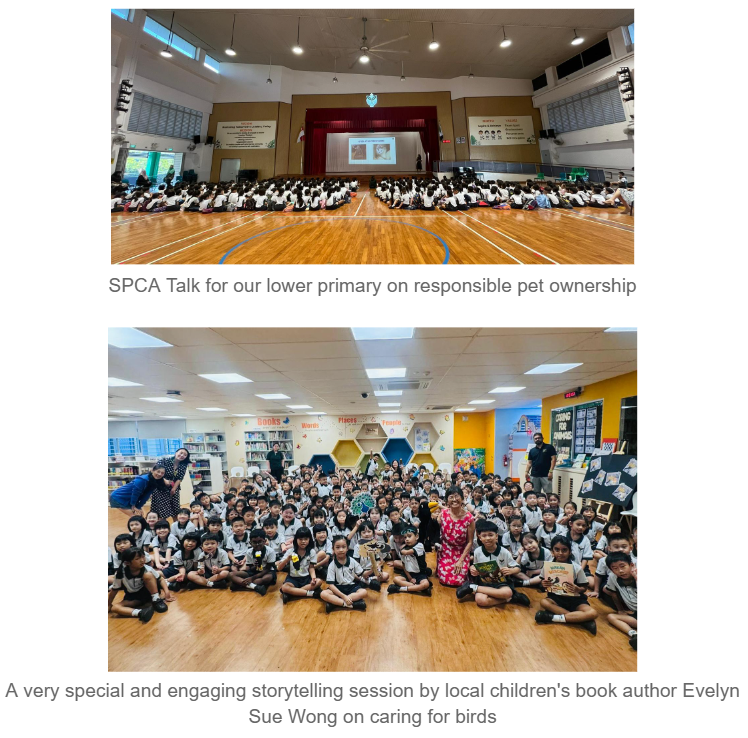 Photo of SPCA talk done in the school hall, and a second photo of the storytelling session by local children's book author Evelyn Sue Wong on caring for birds held in the school library.