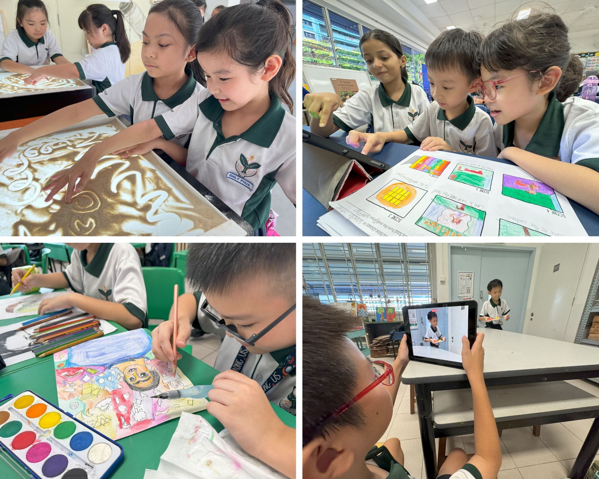 Four students doing art activities: sand drawing, reviewing storyboards, painting, and filming with a tablet.