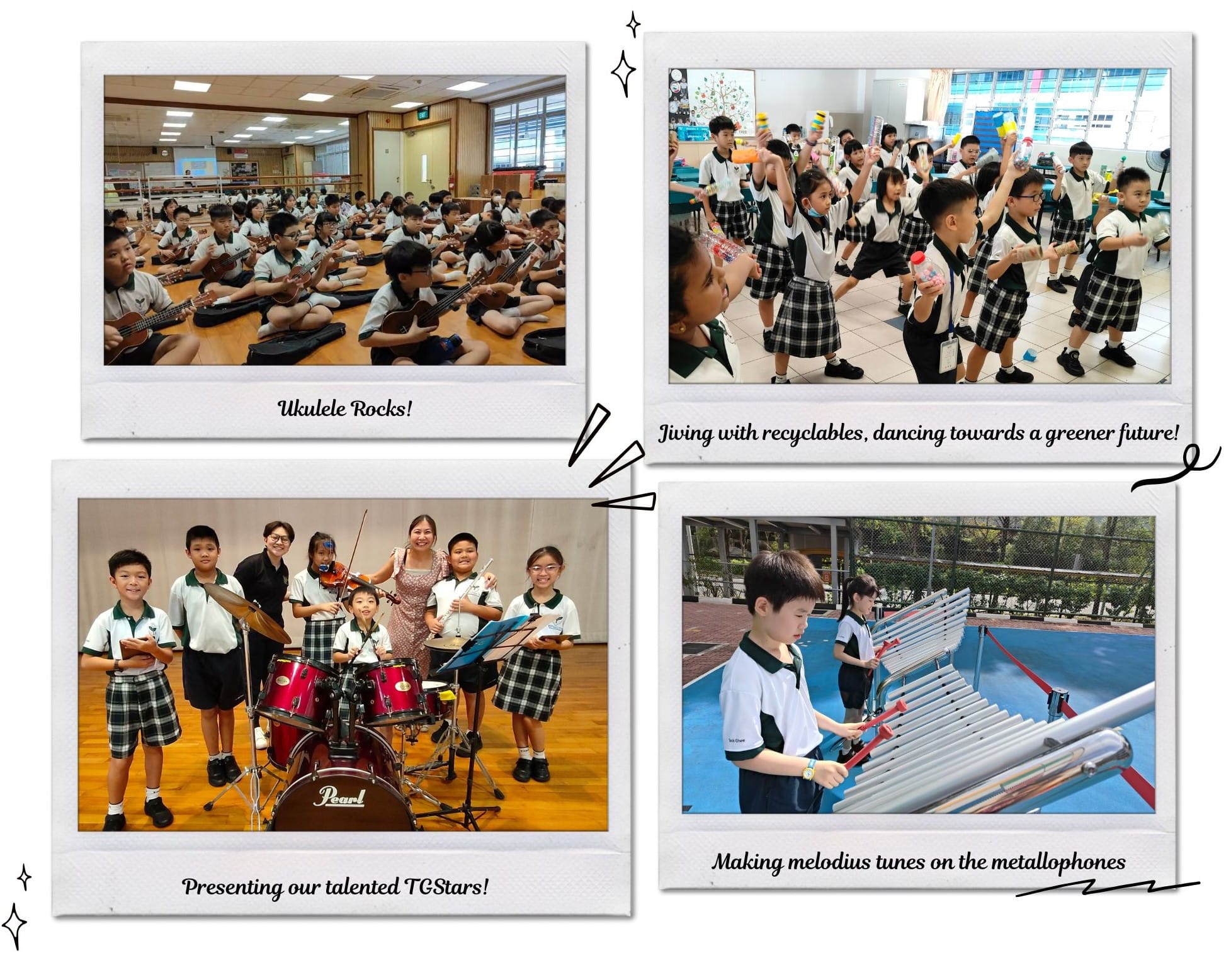 Four school photos show children playing ukuleles, dancing with recyclables, posing with instruments, and playing metallophones.