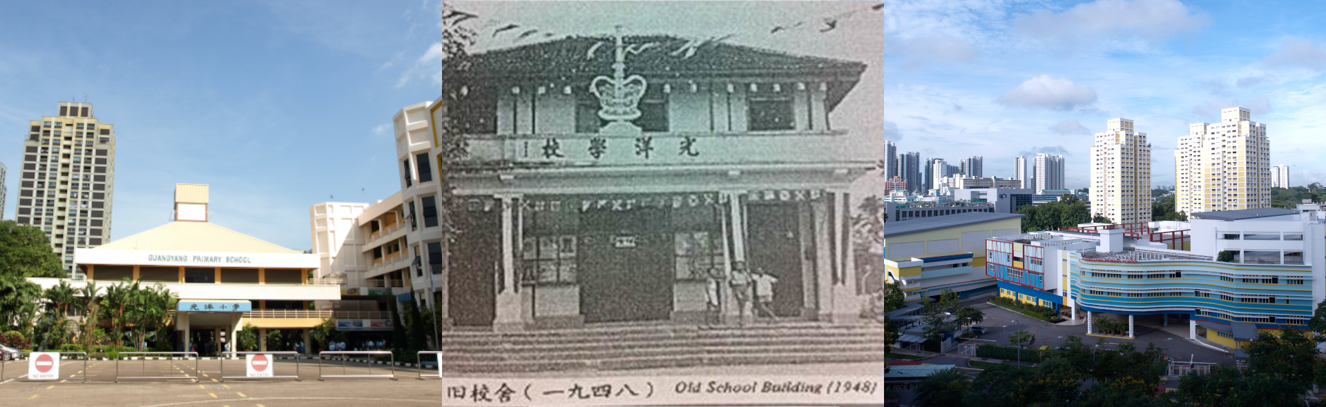 Three photos showing Guangyang Primary School: current entrance, a 1948 black-and-white photo, and a modern aerial view.