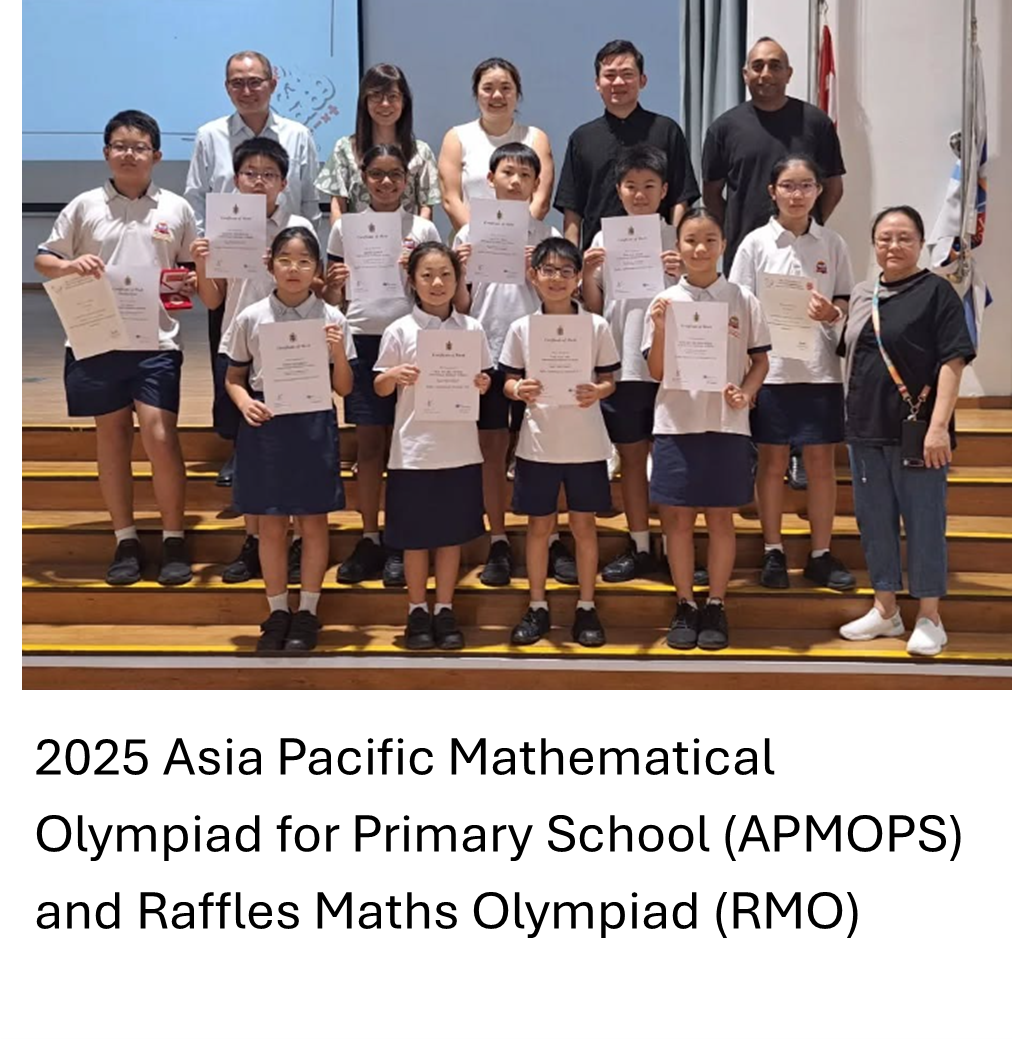 Primary school students in uniforms hold certificates on stage with teachers for the 2025 APMOPS and RMO awards.