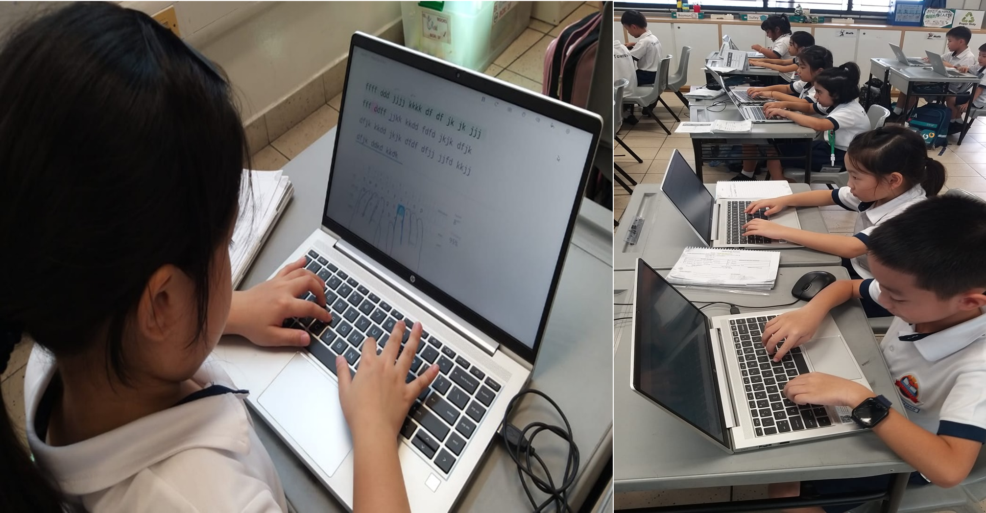 Young students in school uniforms practice typing on laptops in a classroom setting.