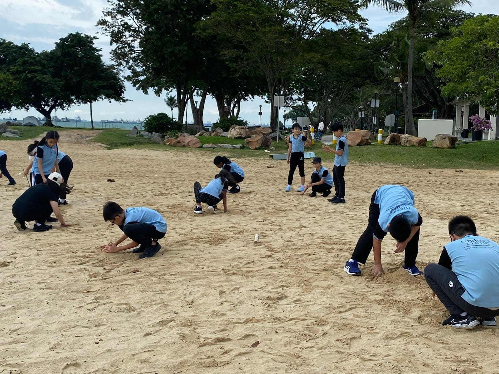 Students in light blue uniforms crouch and dig in sand on a beach near trees and rocks.