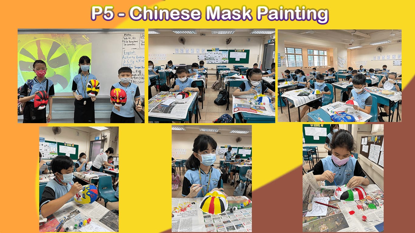 Primary 5 students in blue uniforms painting colorful Chinese opera masks in a classroom activity.