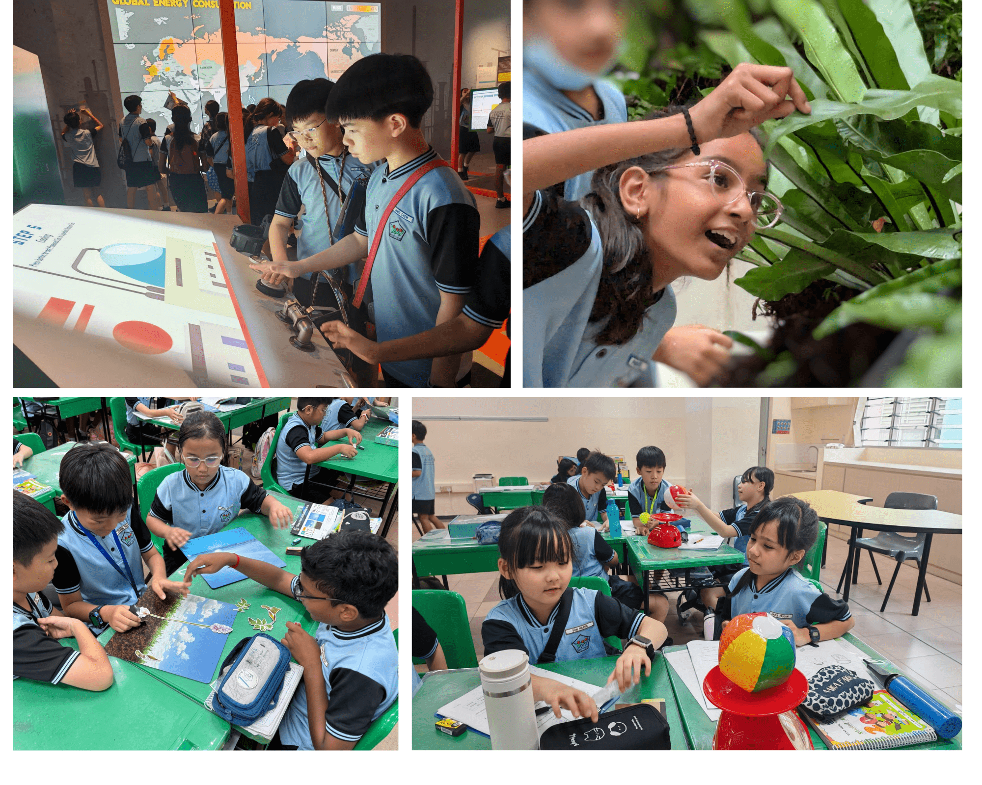 Four scenes of schoolchildren in blue uniforms learning at an exhibit, outdoors with plants, and in classrooms.
