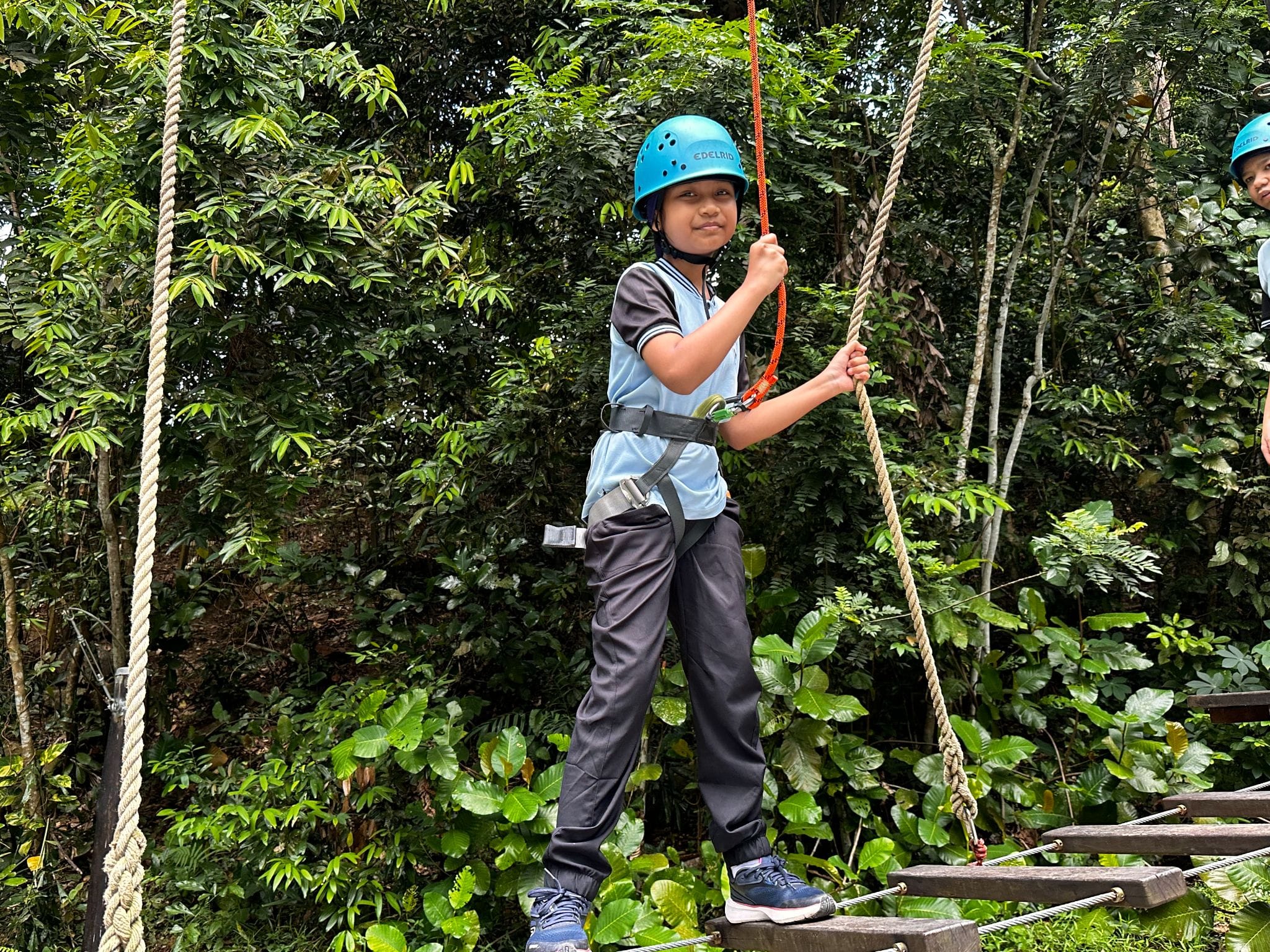 A child wearing a blue helmet and harness stands on a rope bridge, holding a rope, surrounded by lush green trees.