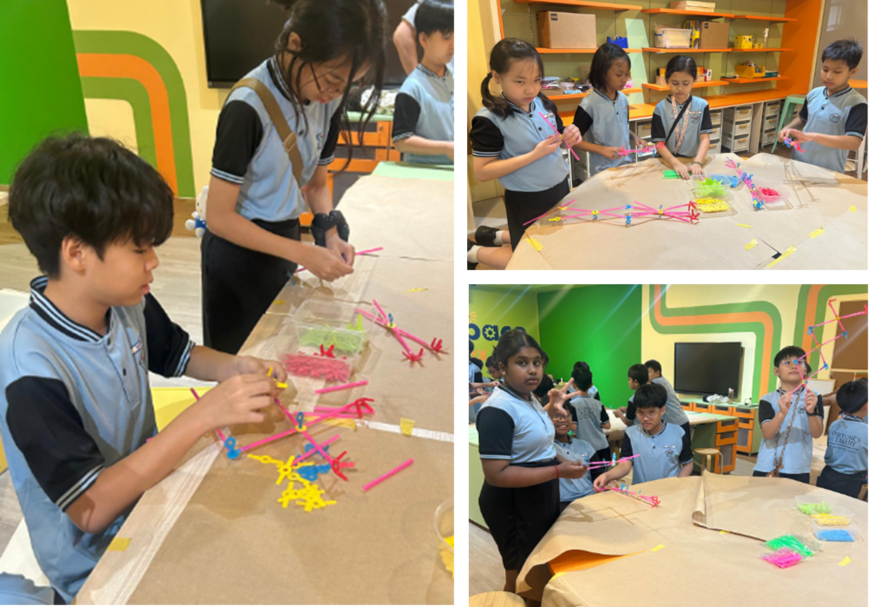 Children in uniform build colorful straw-and-connector structures on a covered table in a classroom collage.