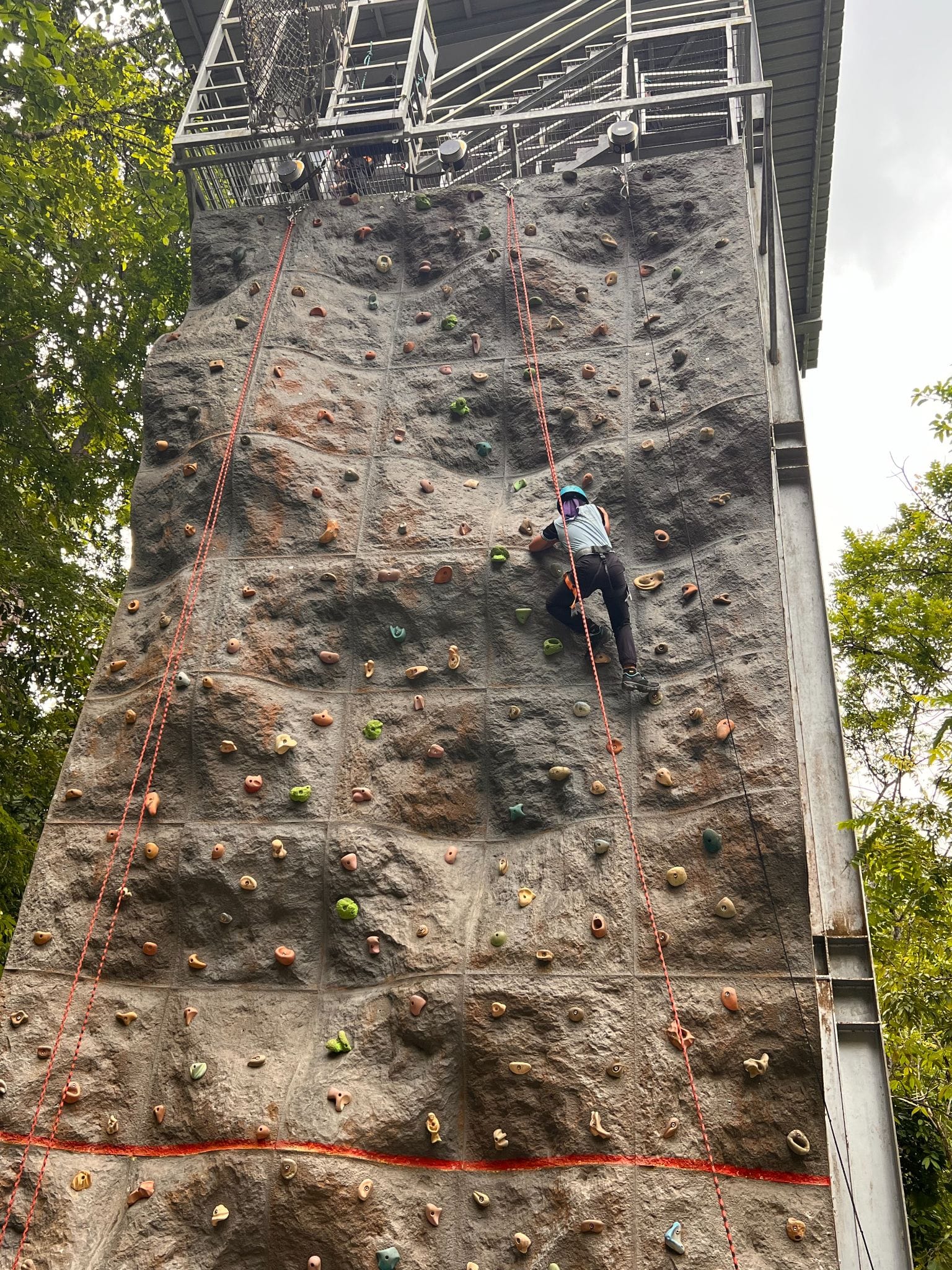Person wearing a helmet and harness climbing a tall outdoor rock wall with colorful holds and red safety ropes.