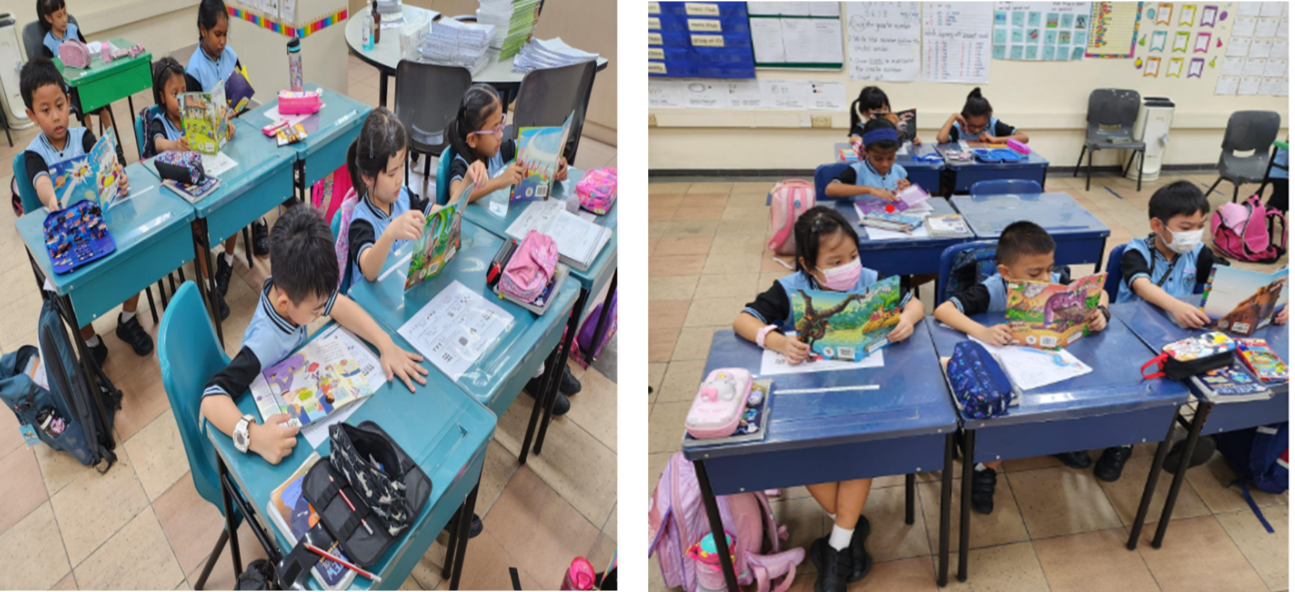 Children in a classroom sit at blue desks reading colorful books, some wearing face masks.