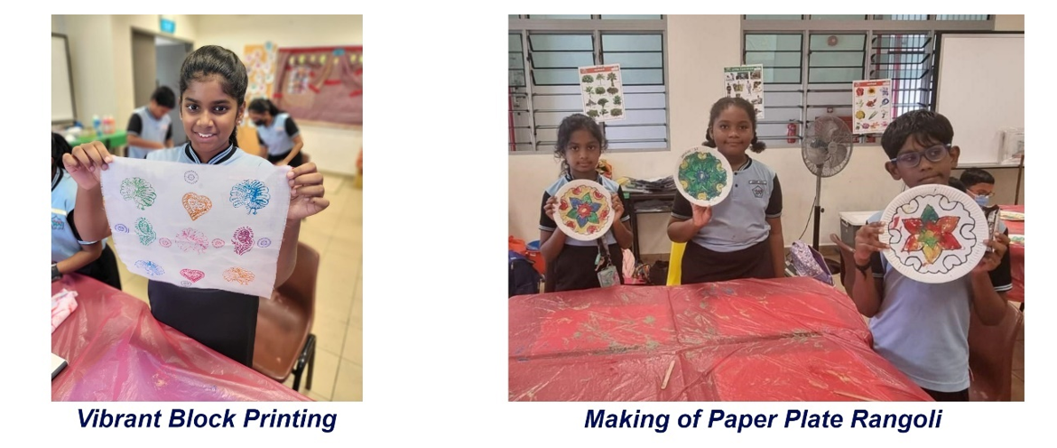 Two school craft activities: a girl holding block-printed fabric, and three children displaying colorful paper plate rangoli designs.