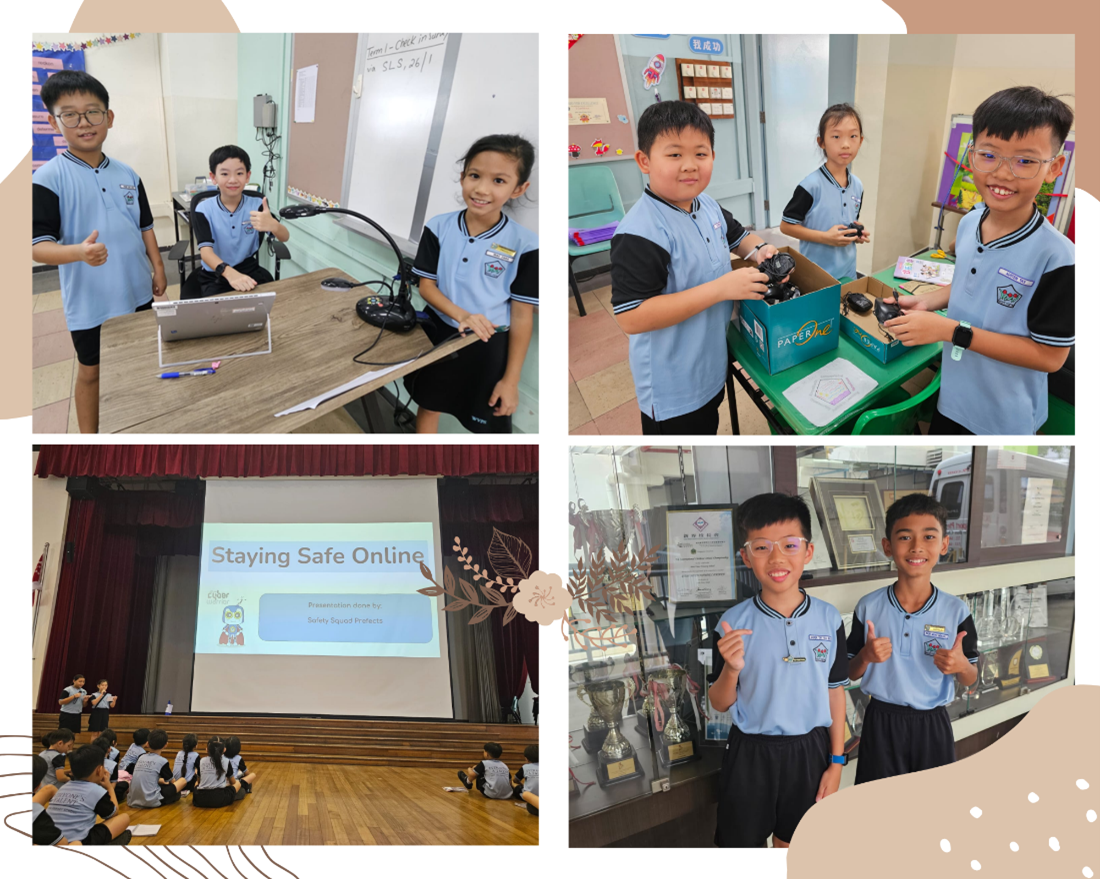 Four school scenes showing students in blue uniforms with a Staying Safe Online presentation on a projected screen.