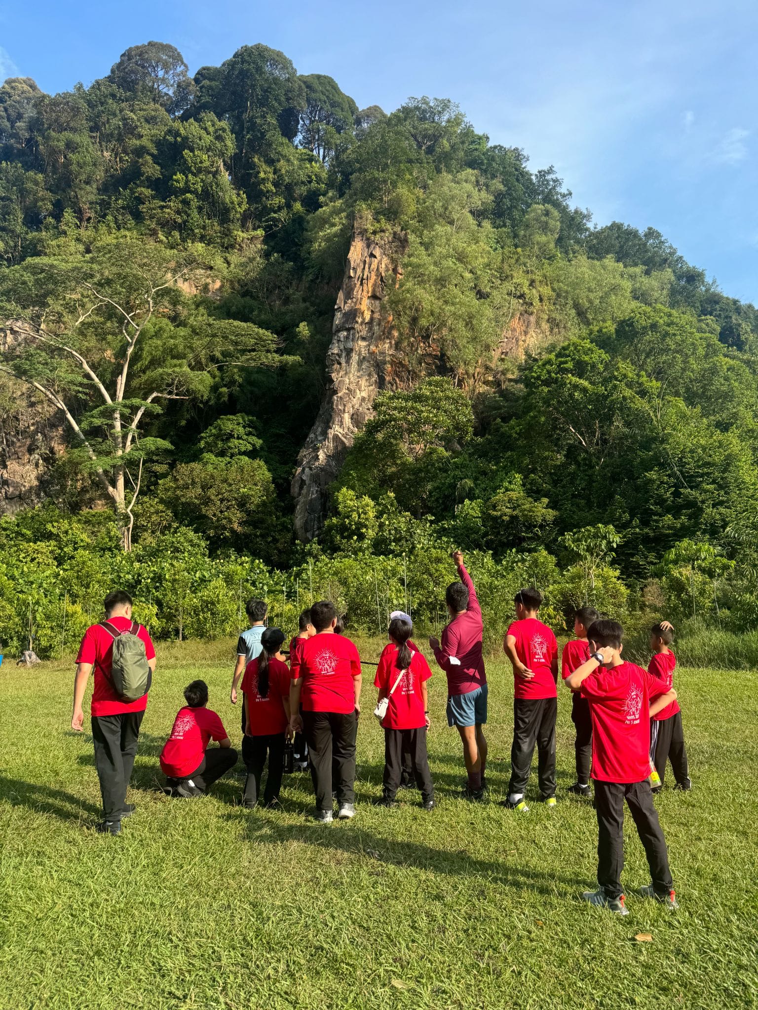 A group of children in red shirts stand on grass, facing a tall rocky cliff surrounded by dense green trees.