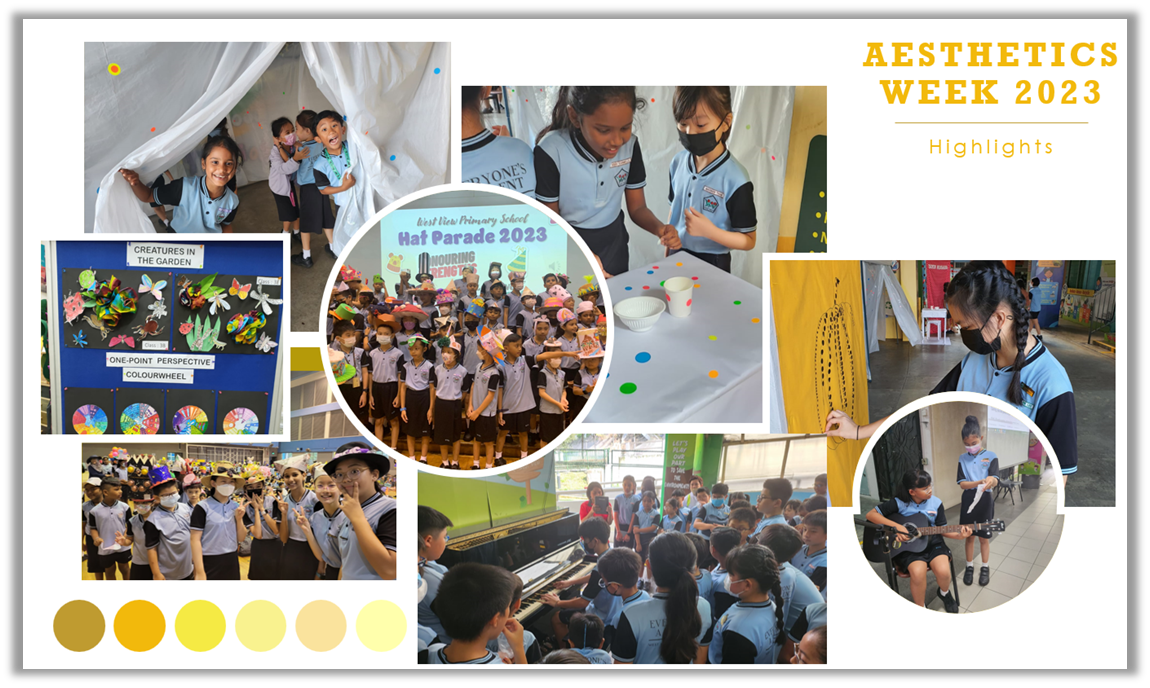 Collage of primary school students at Aesthetics Week 2023, featuring Hat Parade, artwork displays, piano, and guitar activities.