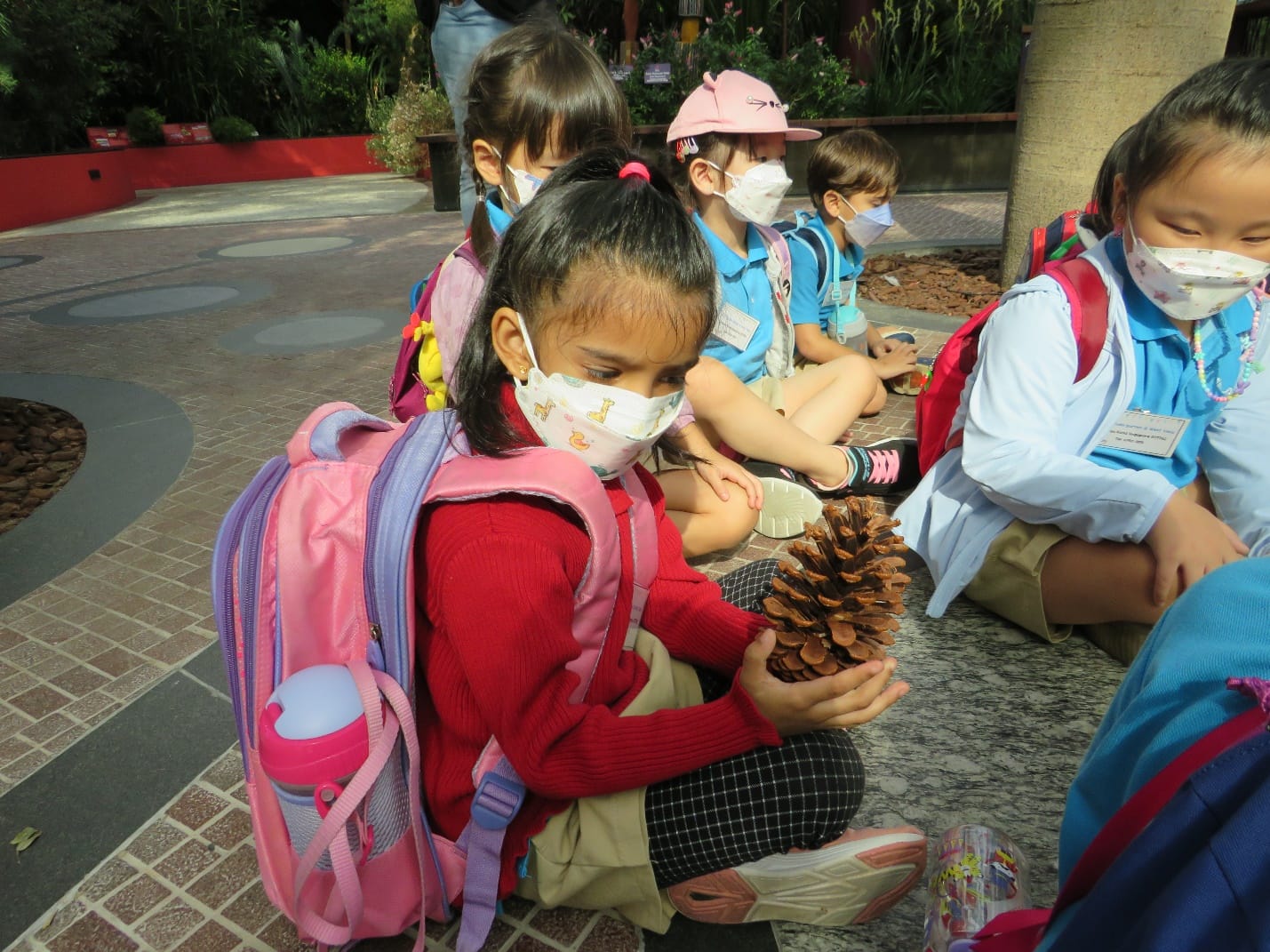 Young masked girl in red sweater with pink backpack holds a pine cone while seated outdoors with other masked children.