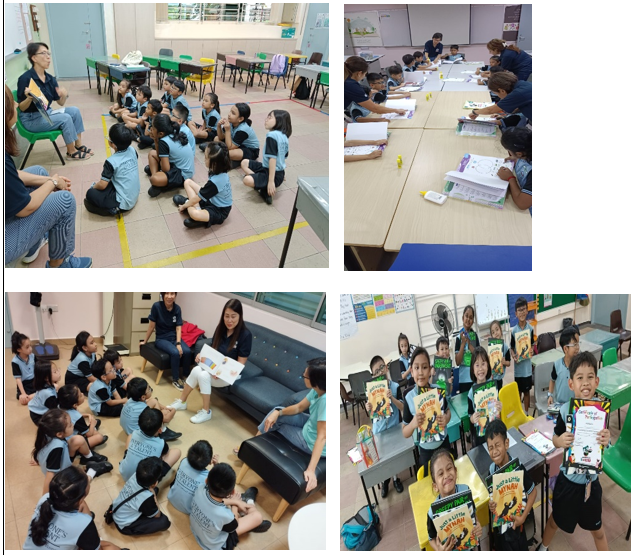 Four classroom scenes showing young students in blue uniforms sitting, reading, and holding up books with a teacher.