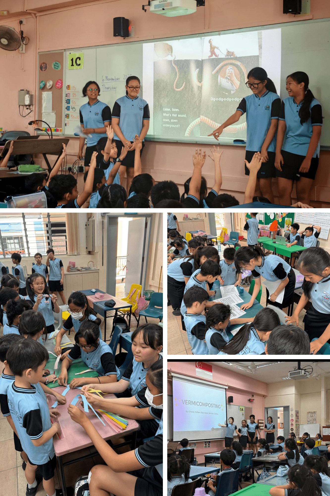 Students in blue uniforms participate in classroom activities, including a presentation on vermicomposting and hands-on group tasks.