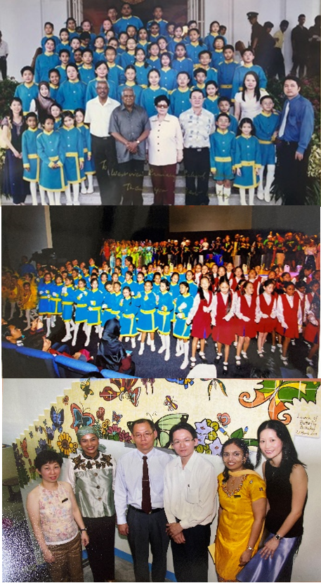 Three photos showing large groups of children in blue uniforms and adults posing, plus a small group of five adults near a mural.