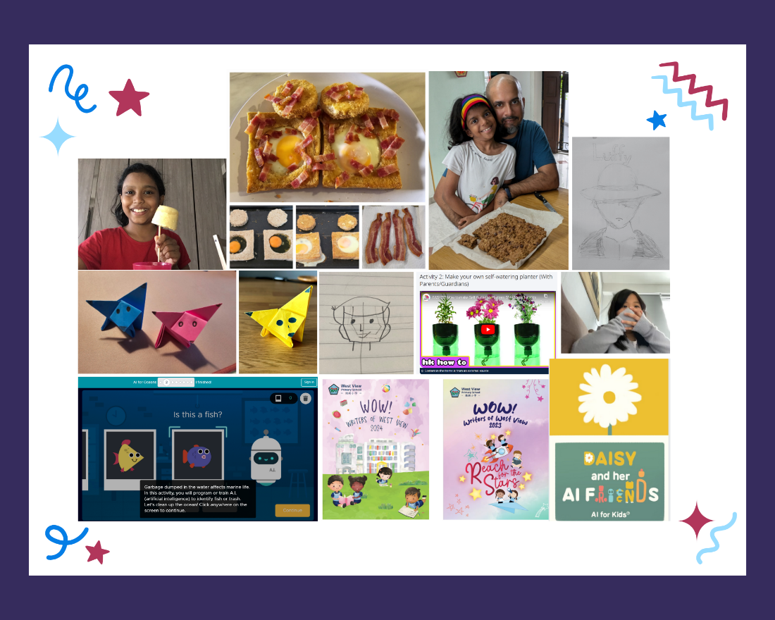 Collage of a child's activities including cooking, origami, drawing, AI learning, and school book covers.
