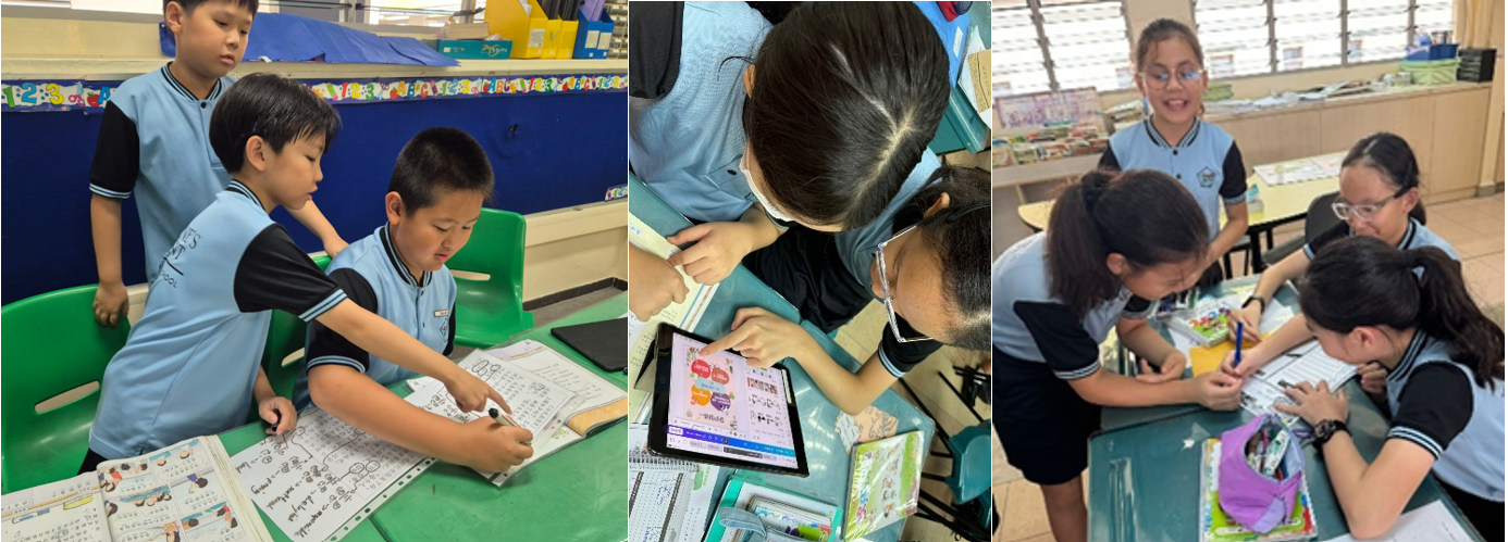 Three groups of school children in blue uniforms collaborate on worksheets and a tablet in a classroom.