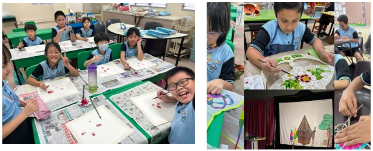 Children in blue uniforms doing art activities, painting and crafting in a classroom setting.