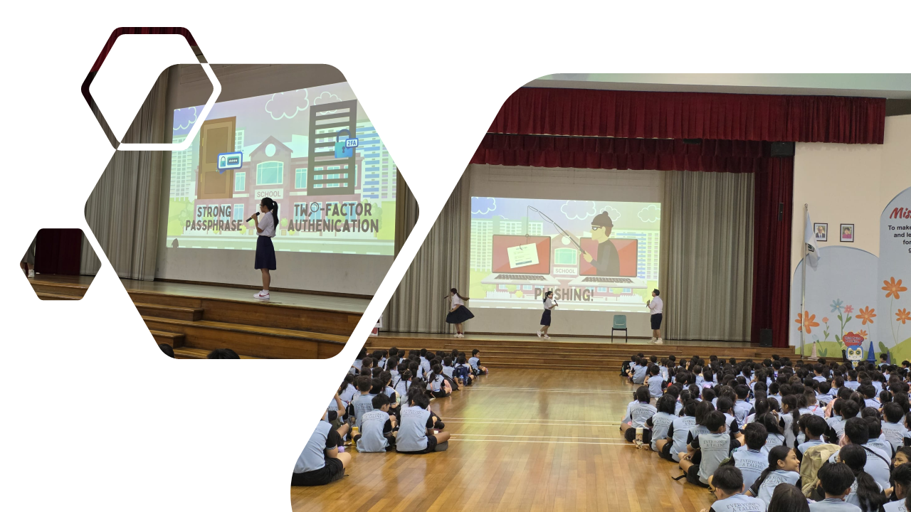 Students in a school hall watch a cybersecurity presentation on strong passphrases, two-factor authentication, and phishing.