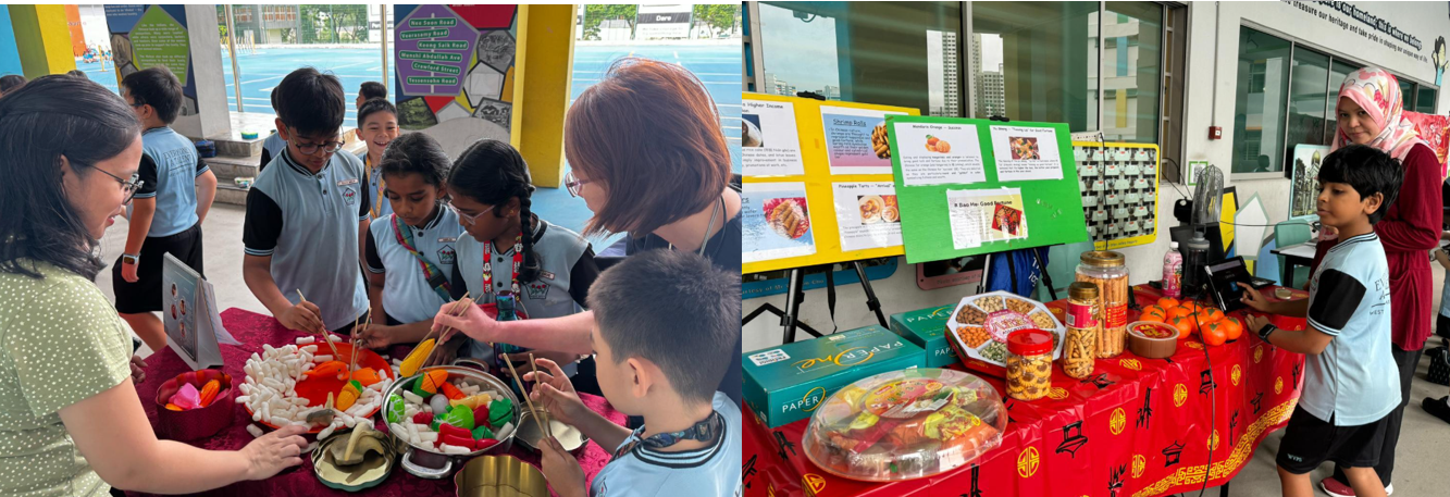 Children and teachers at a school food cultural event, with colorful snacks and informational display boards on tables.