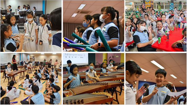 Six-panel collage of school children in uniform playing instruments, singing, and attending music activities.