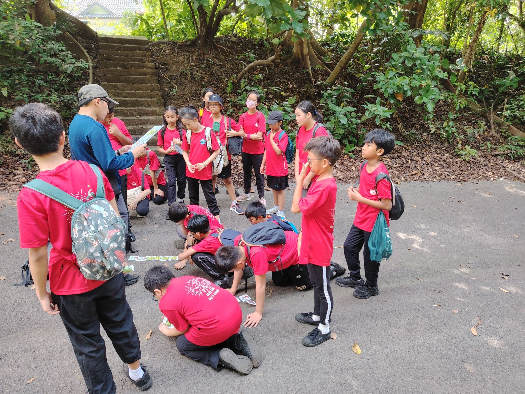 A group of children in red shirts gather outdoors near trees, some kneeling on the ground examining materials.