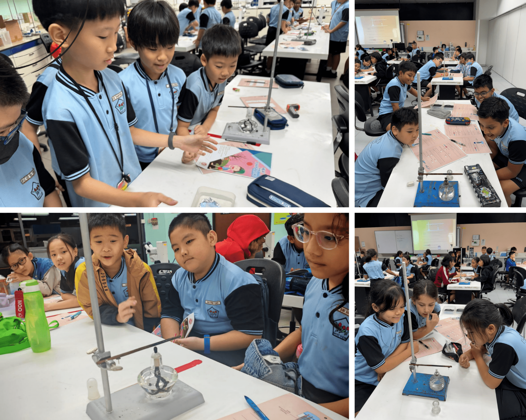 Children in blue uniforms conduct science experiments with lab stands and equipment in a school laboratory.