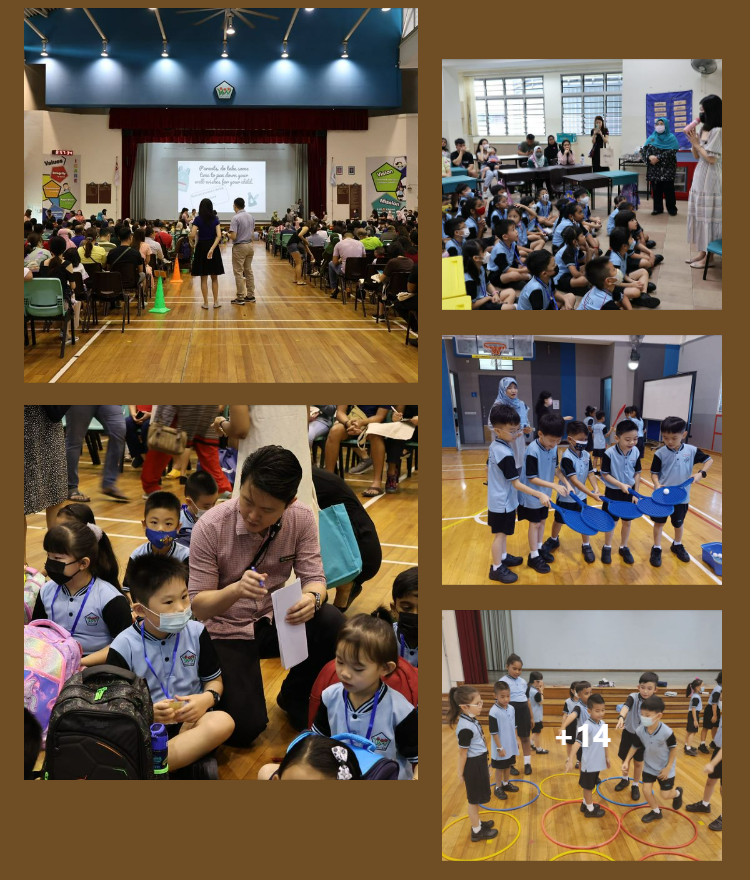 Five photos show young students in blue uniforms at a school event, doing activities, listening to teachers, and playing games.