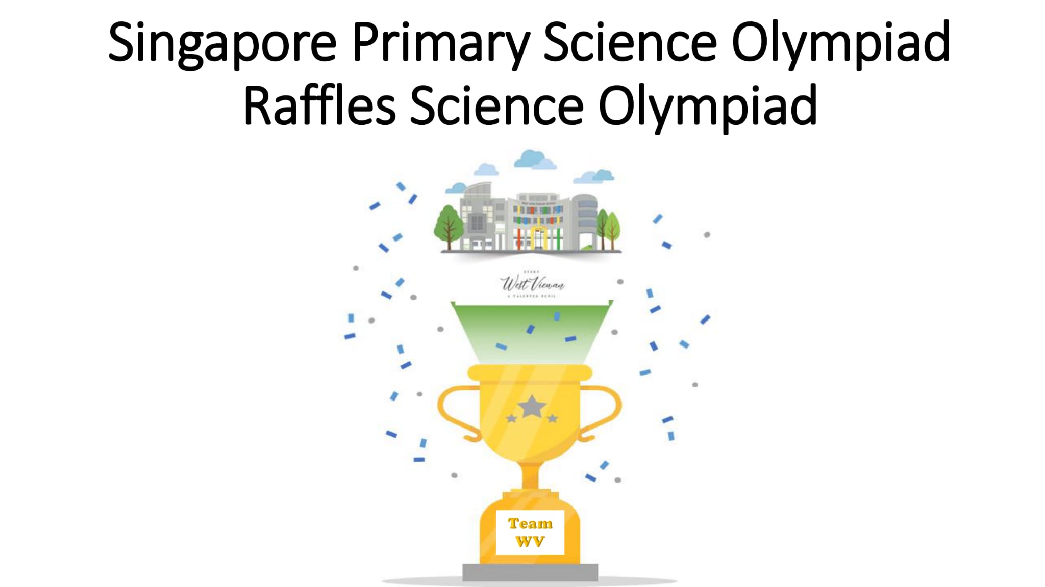 Slide titled Singapore Primary Science Olympiad and Raffles Science Olympiad with a gold trophy labeled Team WV.