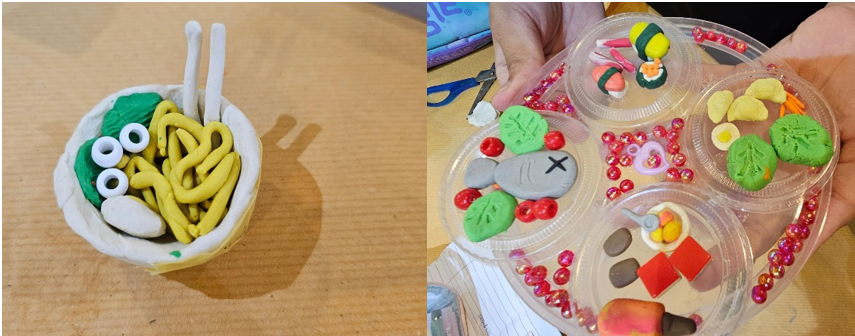 Clay food crafts showing a noodle bowl with chopsticks and a divided tray with miniature sushi and food figures.