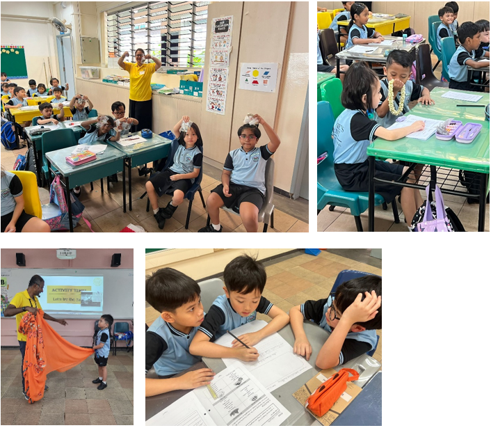 Four classroom scenes showing young students in blue uniforms doing hands-on activities, writing, and watching a teacher demonstrate.