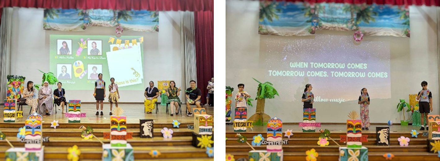 Two school stage scenes with tropical decor and colorful totem props, showing students and teachers presenting on stage.