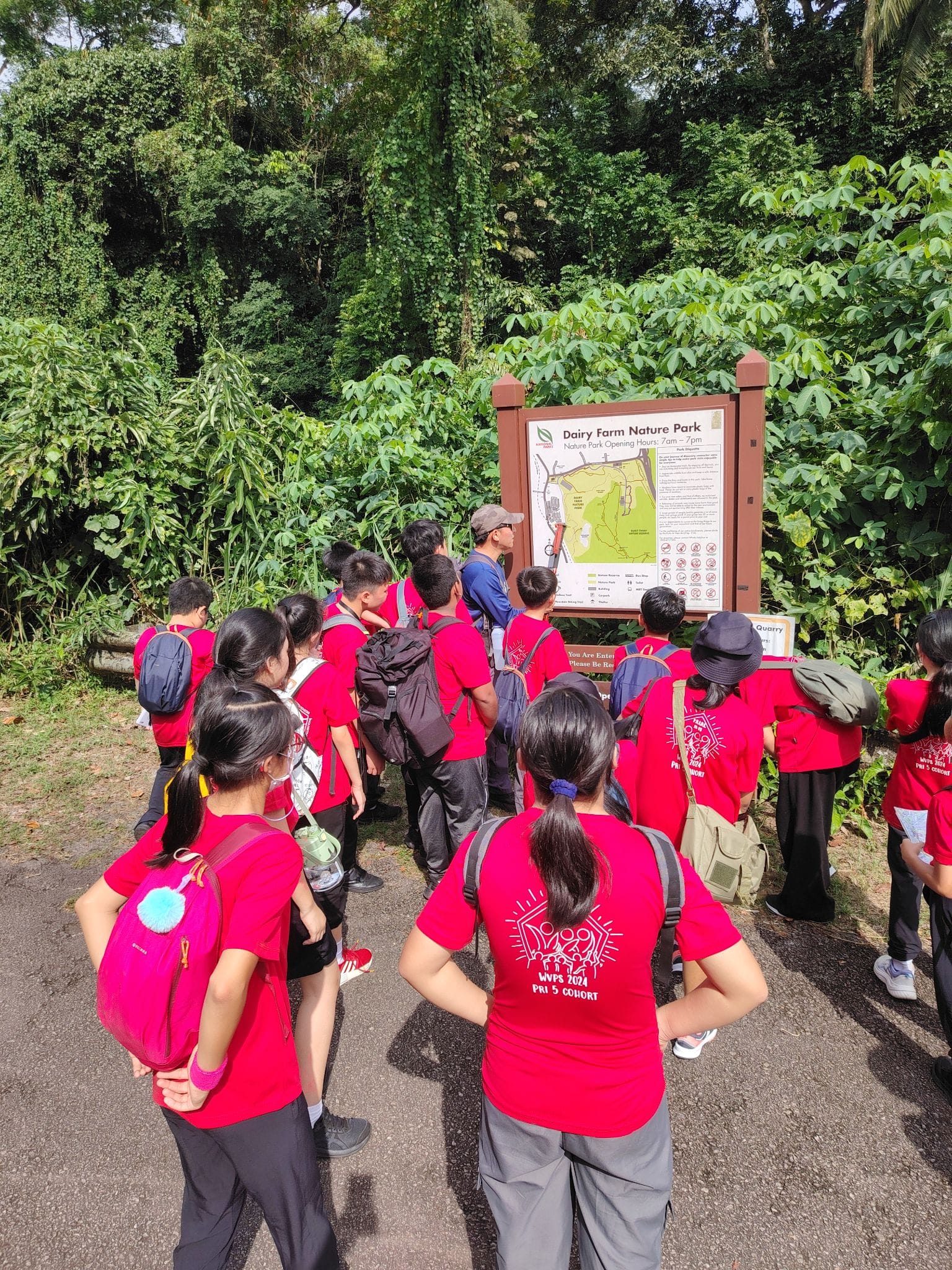 Students in red shirts gather around a Dairy Farm Nature Park information board surrounded by dense green trees.