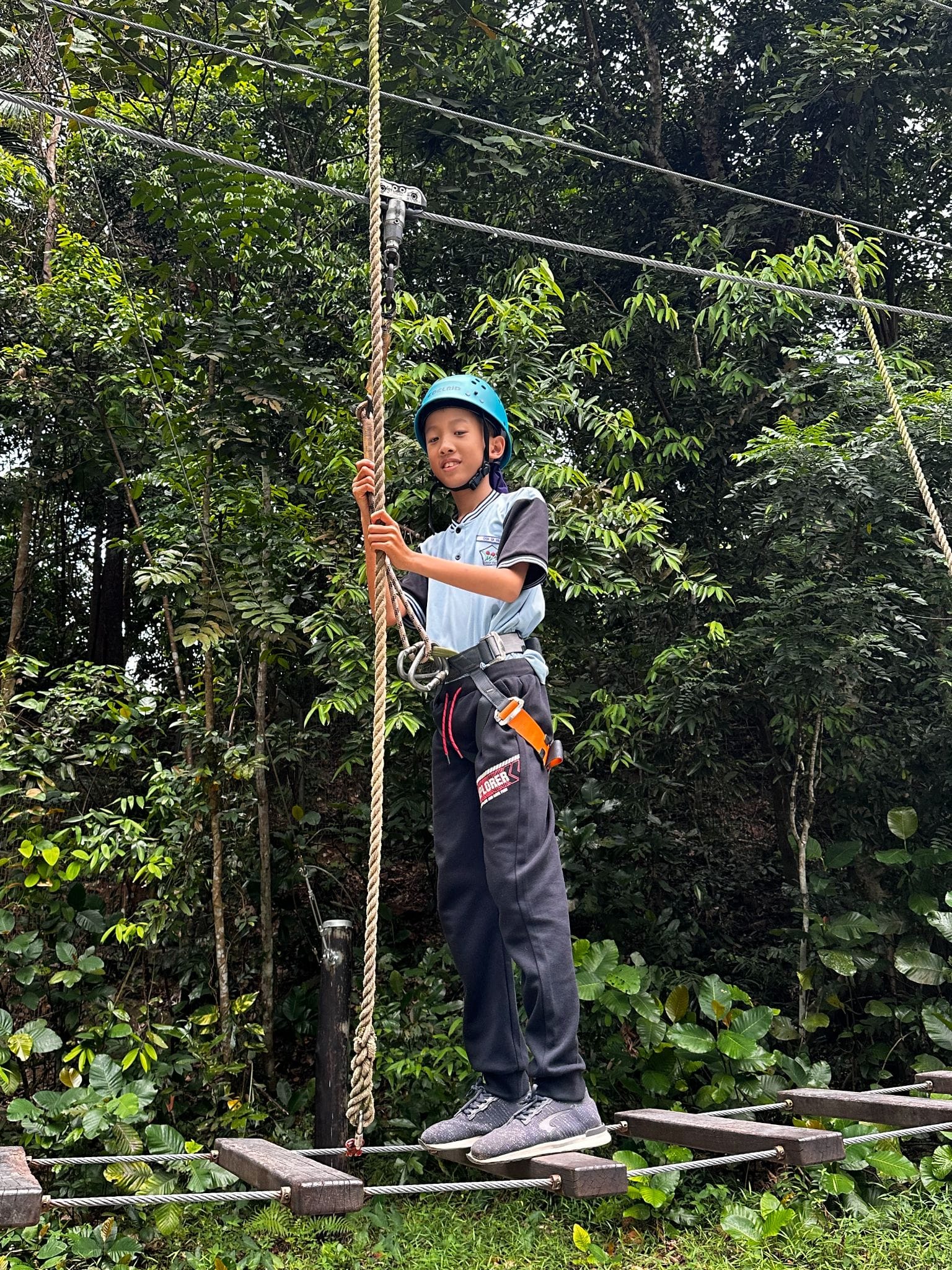 A child wearing a blue helmet and safety harness stands on a rope bridge holding a rope in a forest.