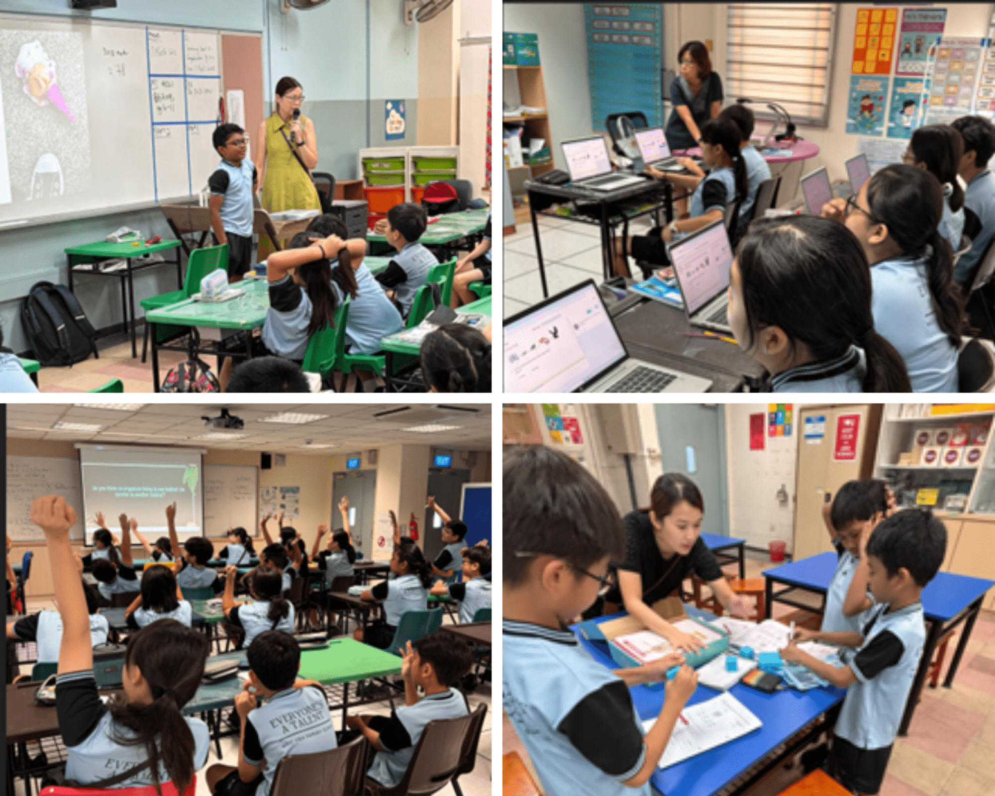 Four classroom scenes showing teachers instructing young students, who use laptops, raise hands, and work on activities.