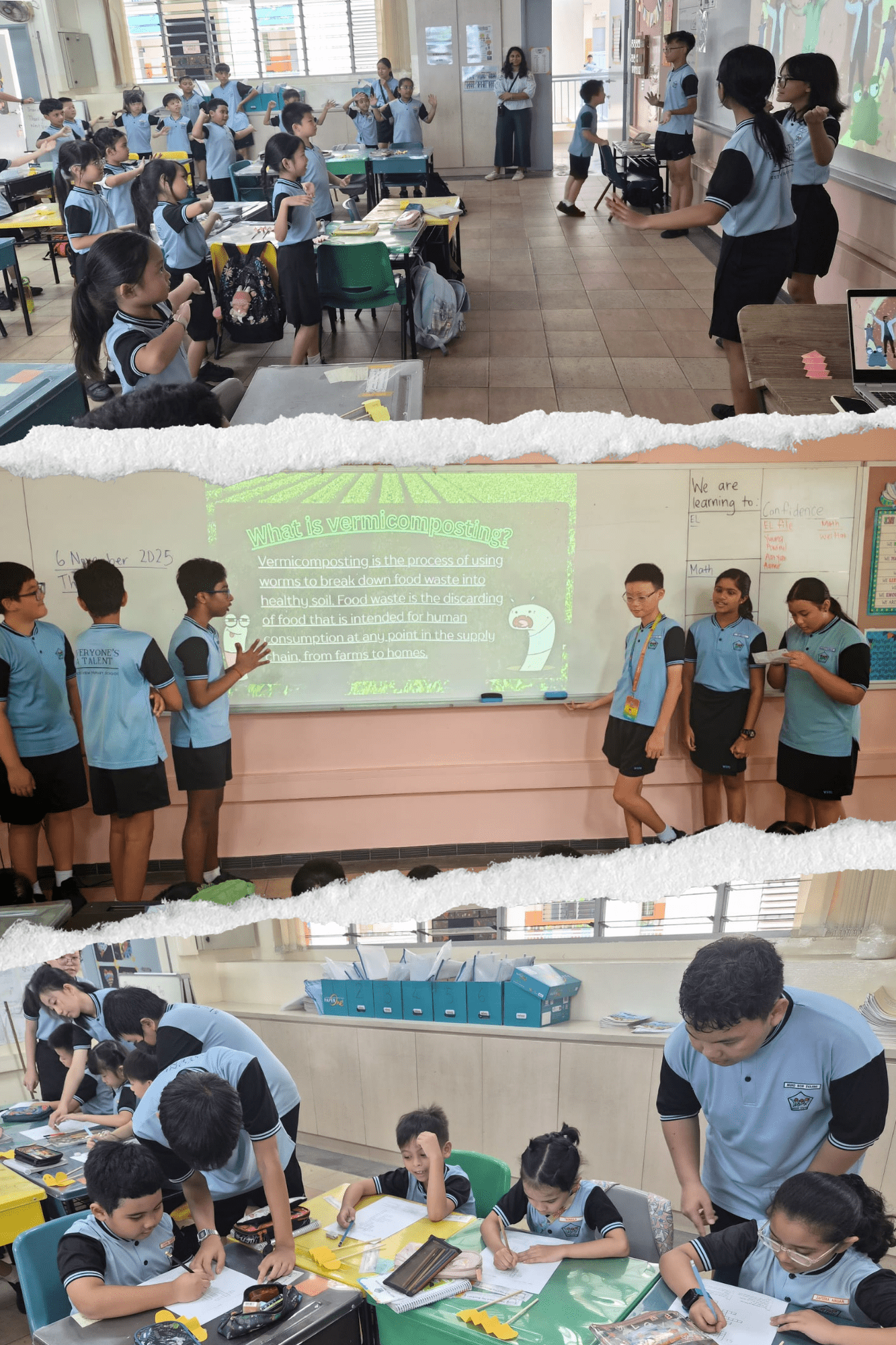 Students in blue uniforms attend a classroom lesson on vermicomposting, with a projected slide and group activities.
