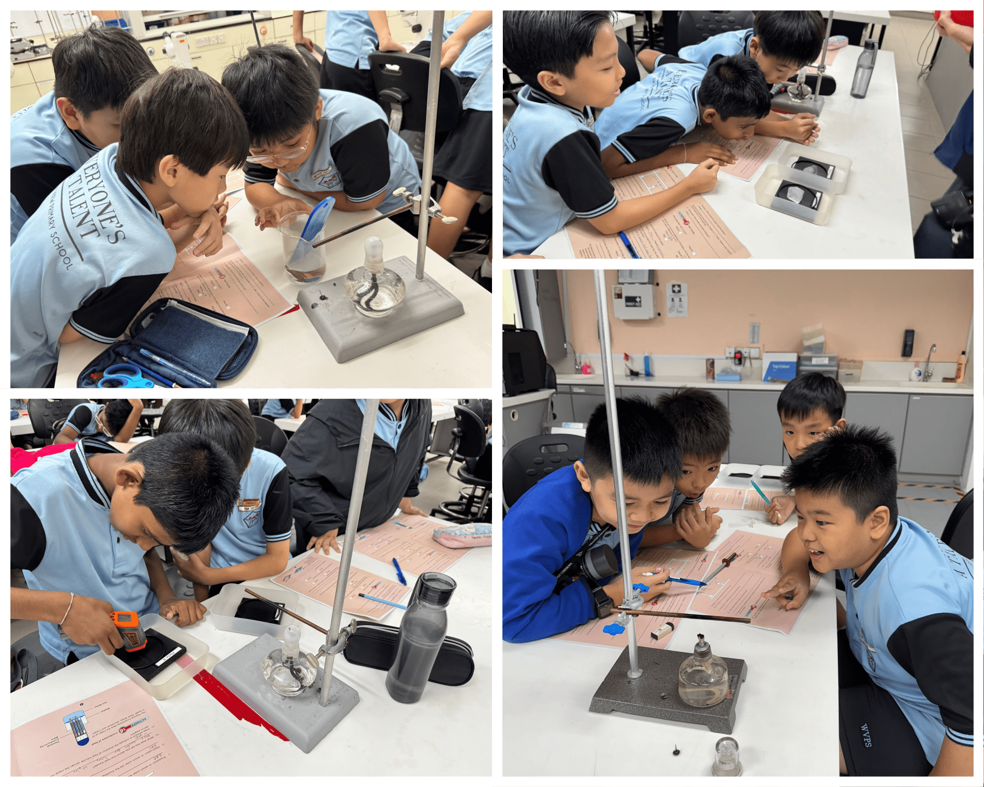 Young students in blue uniforms conduct science experiments with lab stands and equipment at white tables.