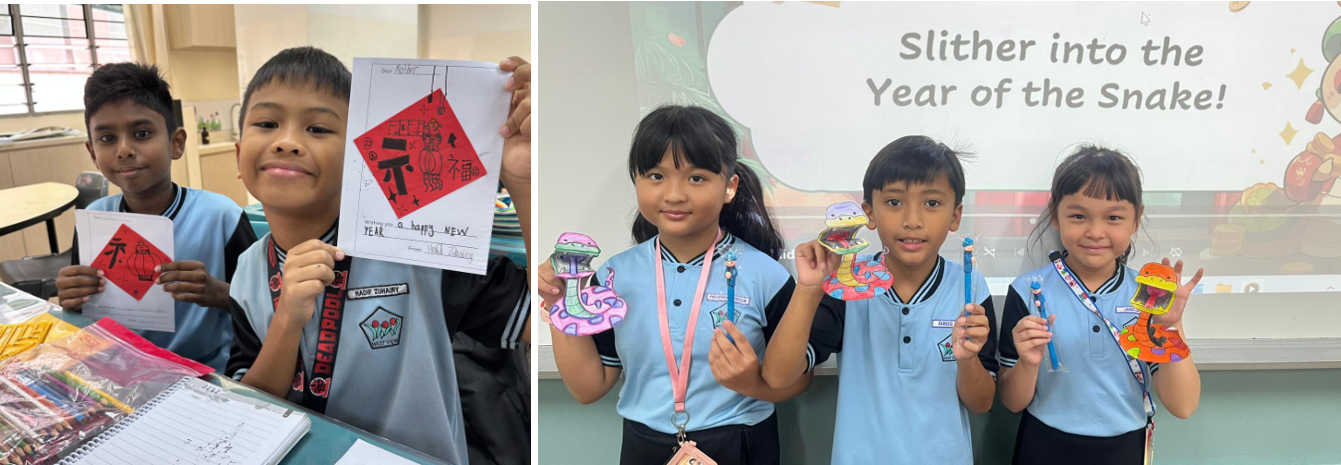 Five students in blue uniforms hold Chinese New Year crafts and snake decorations near a Year of the Snake display.