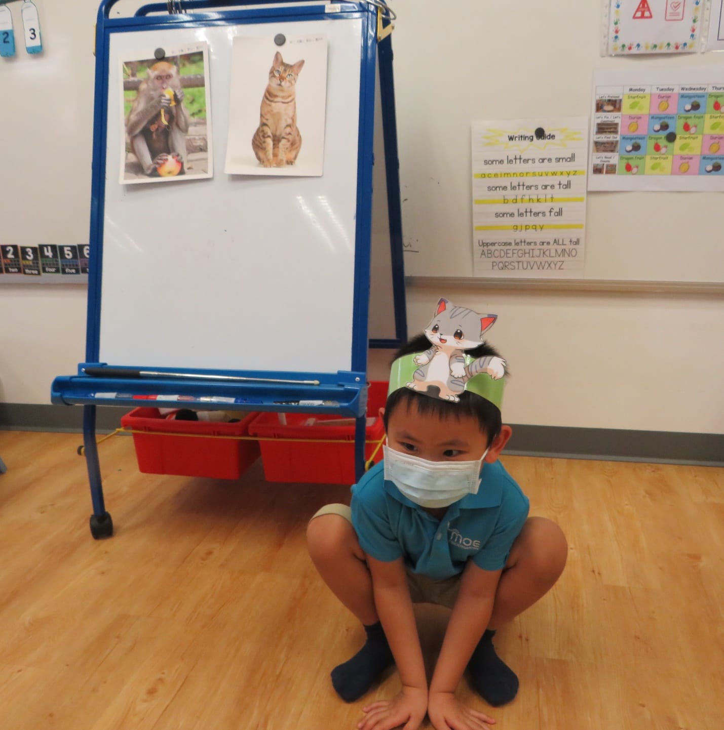 Young child wearing a face mask and cat headband sits on a classroom floor near a whiteboard with animal pictures.