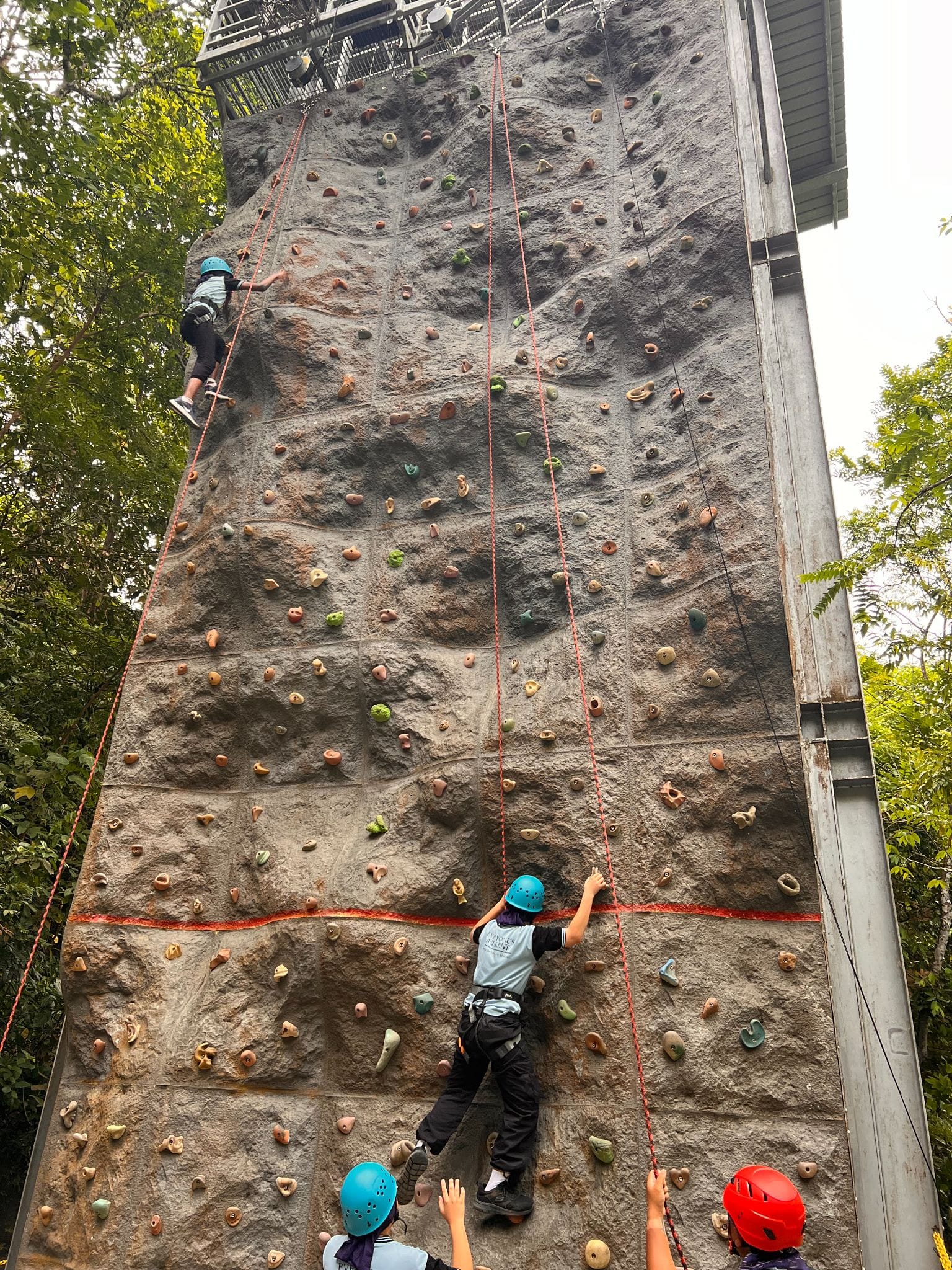 Two children in blue helmets climb a tall outdoor rock wall with colored holds while others watch from below.